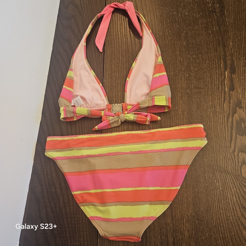 Gossip Collection 2010 Bikini Womens Sz L Neon Stripe Shell Hardware Resort Swim - Picture 9 of 16